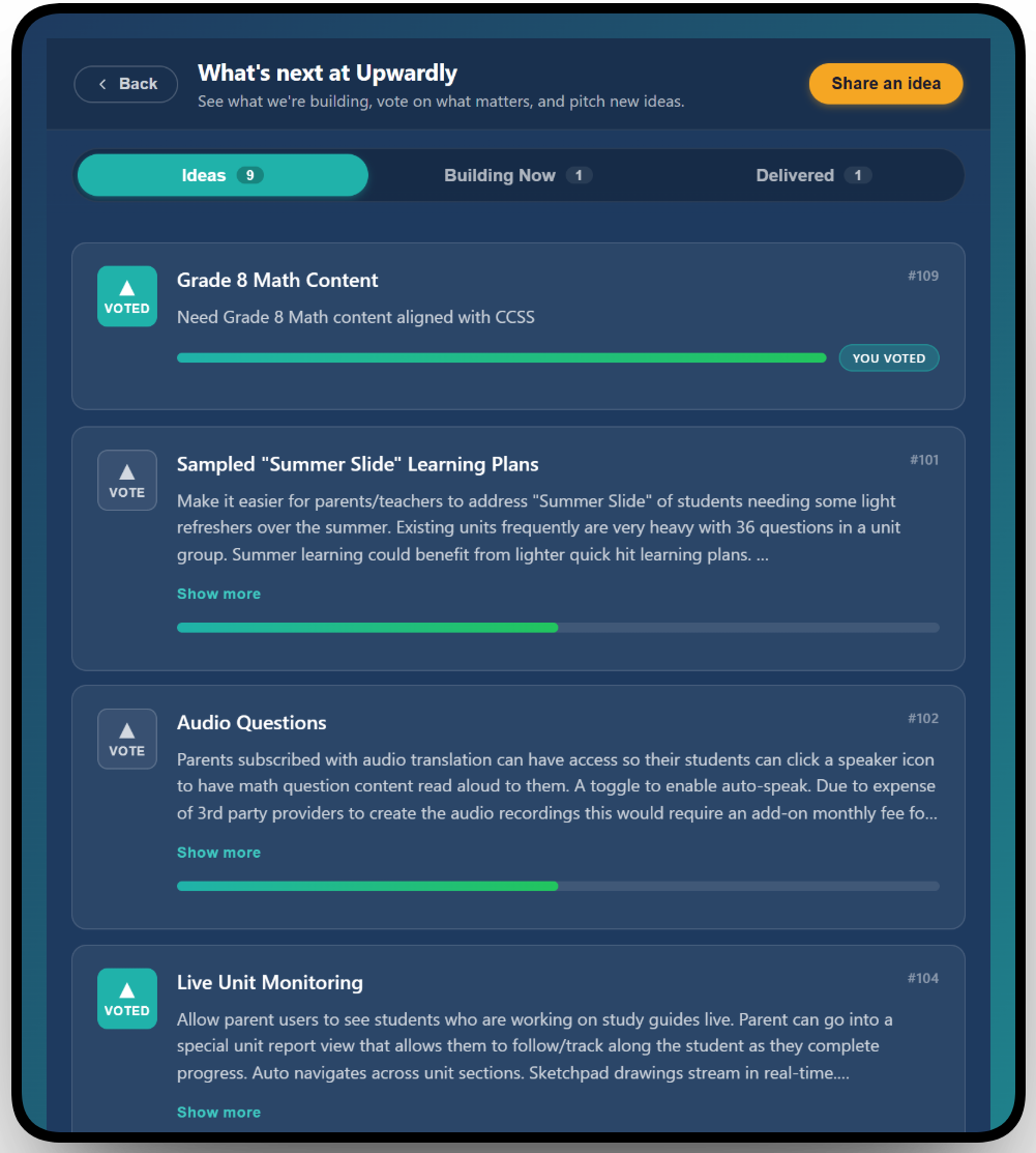 A look at the Upwardly idea board where parents share and vote on ideas